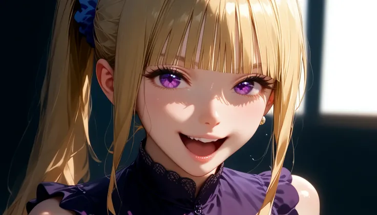 score_9, score_8_up, score_7_up, shiny skin, 1girl, KeiKaruizawa, Kei Karuizawa, bangs, blunt bangs, ponytail hair, long hair, violet eyes, blonde hair, blue scrunchie, sing, singing, open mouth, mic, Dress flowy, dress with bordir detail, cowboy shot, ful...