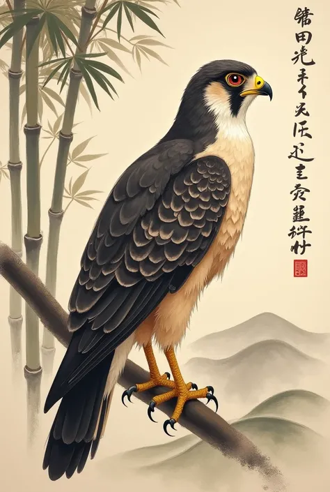 Drawing of a Falcon in traditional Japanese painting style