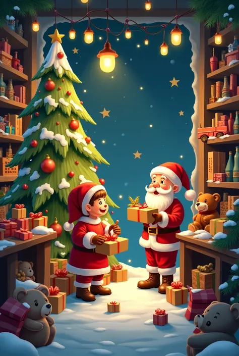  Illustrates an animated scene of Santas workshop type paint factory, with ren and adults working diligently on ,  wrapping gifts ,  and prepare for Christmas Eve .  Include details such as toy trains ,  teddy bears , dolls,  toys and miniature Christmas t...