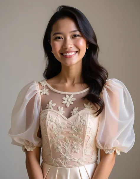 A cheerful young beautiful woman with a long haircut, smiling gently at the camera. She is wearing a traditional Filipiniana dress, featuring an intricately embroidered bodice with delicate floral patterns, made of piña fabric. The dress has dramatic, shee...