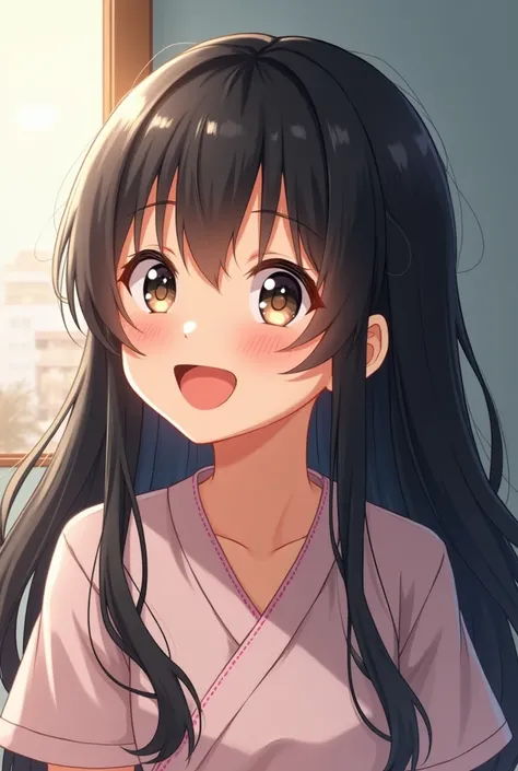  1 Japanese girl, blush, happiness/joy,  Bright Eyes , Long Hair,  black hair, live-action