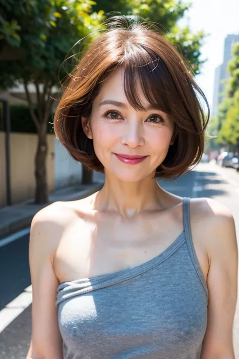 55 years old、  short bob、  casual fashion 、  beautiful eyes 、  natural light、Street Tree、  Portrait Shooting  、close-up、smile、   with her chest 、light makeup、  small boobs、Completely naked