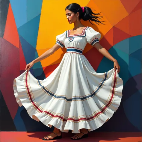 Create a Cubism-style painting of a beautiful young girl from Nicaragua with white huipil ,barefoot ,Dancing in profile  ,taking with both hands The edge of her skirt  