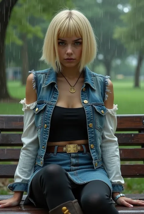 Android 18, sitting on a bench in a park, young woman, natural blonde hair BOB LONG cut short , sleeveless frayed denim jacket ,  black fitted top with white sleeves with 60 very thin horizontal gray stripes , denim miniskirt, light brown belt with gold bu...