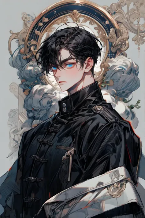 masterpiece, best quality, Detailed Eyes,  1 man ,  good-looking, Tall, right,  black hair , low tail hair, Blue eyes, black uniform, artist:refined,   Extremely Delicate and Beautiful  , masterpiece, very small head, very small face],  Pale white skin, ma...