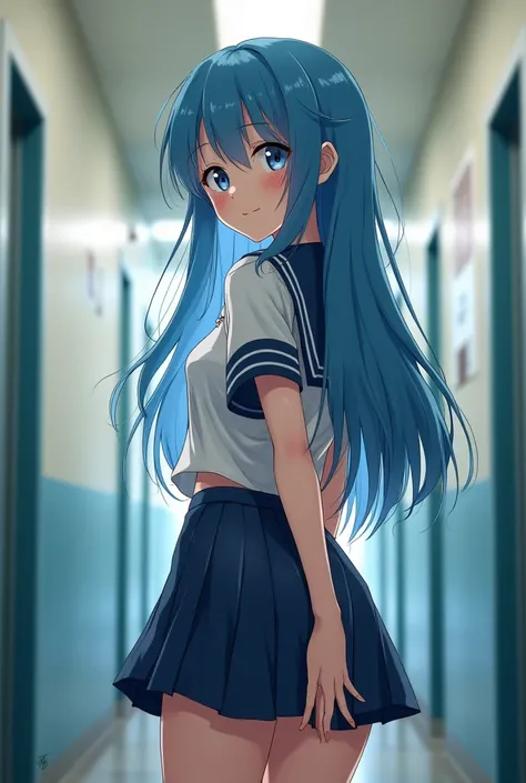 A girl with large ass, long blue hair and cute face, covered in sweat and wearing a school uniform wet by sweat. Shes looking back to the viewer and is groping her own ass.