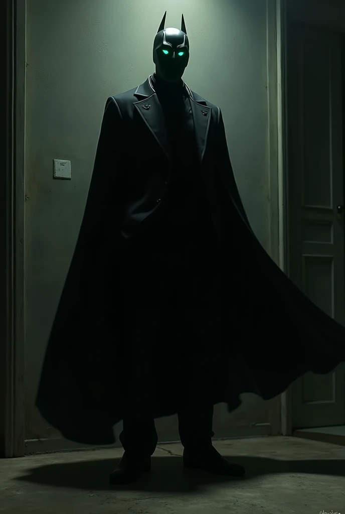  In a dark corner , shadow (Our Watchman ,  with a black suit and a cape that seems to merge with the shadows) appears.  His eyes shine in a dark green shade .  He extends to the ground ,  and shadows swirl around him .