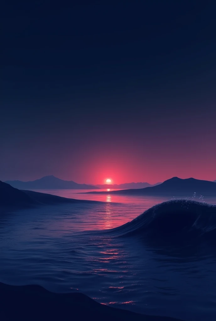 Create an image for a background with dark blue tones, white and a modern gradient transitioning to reddish-purple ocean wave and the small sun dawn