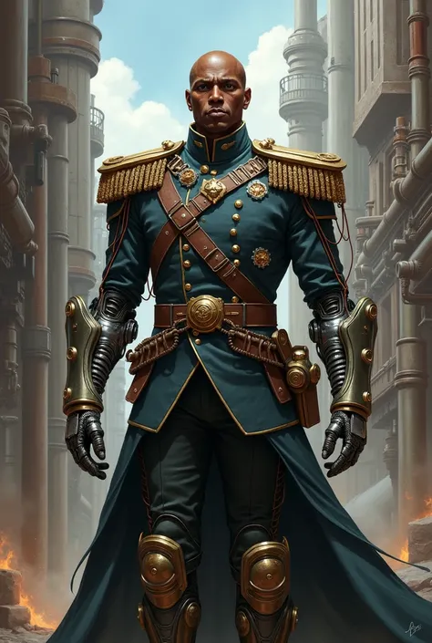 a character from a rpg set in a steampunk universe,he his a general,he has 2 cyborg arms in the placa of the natural ones,also he as dark skin