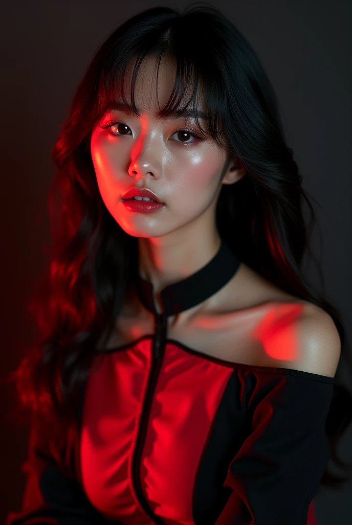 Photoshoot debut concept. background black red. Her name is Yoon Chaewon and Rank 4. Black Bang  Long hair. Her image is Cutie baddas. Her outfit is black red. Korean beauty standard. 