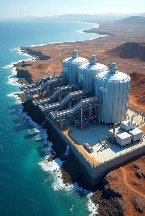  a desalination plant located on the ,  designed specifically for the mining industry . The plant uses reverse osmosis technology to desalinate seawater.  Includes industrial elements such as pipes ,  pumping systems and storage tanks ,  with a visible coa...