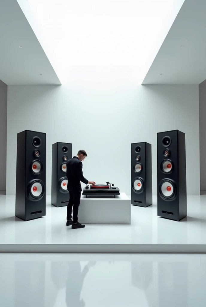  there are speakers and speakers on the white stage in the room, Audiophile,  elegant minimalism , audio equipment, massive 7 0 s Hi-fiシステム , Huge speaker,  Minimalist Design , Futuristic room, Turntable, Futuristic atmosphere, Minimalist environment , DJ,...