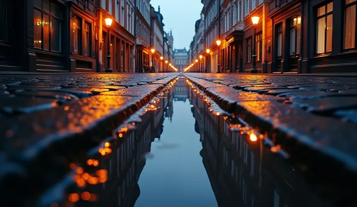  Emission view of a city street with puddles,  street very low perspective European street , Eye-catching guide line ,in the middle of the street,  high-definition street photography ,  reflection of water on the street ，Clear reflection of black and white...