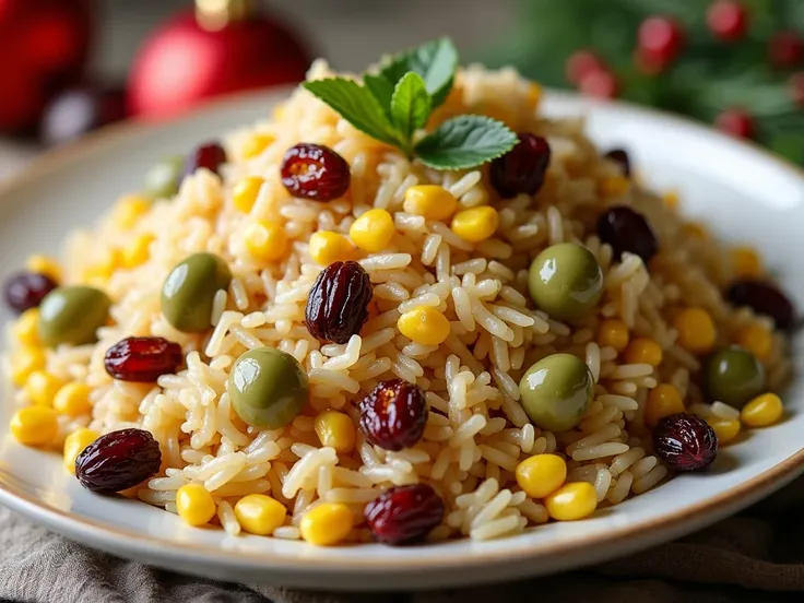  Christmas rice with raisins ,olive and corn  