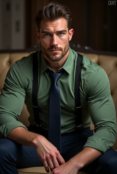 Create a 1 man for a book , A handsome very muscular man sitting on a sofa wearing a green classic long-sleeved shirt with the sleeves folded up to the middle of his forearm, with a dark blue tie, pants tight around his muscular legs, wearing black suspend...