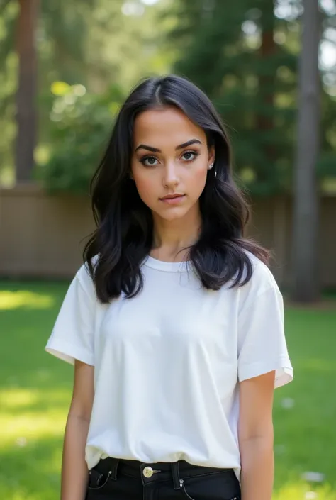 A highly detailed realistic photo of Fika, a young woman with shoulder-length wavy black hair and fair skin. She has well-defined eyebrows, large black eyes, and a bright, happy expression, smiling naturally. She is wearing a plain white T-shirt and black ...