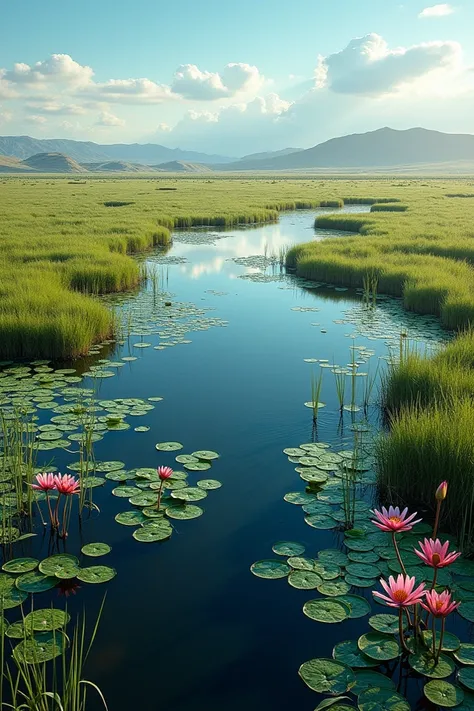 Create an image of the round LAGOON  (5km )  don Tomas de Santa Rosa the pampa seen from above in a general plan and embellished with lots of colorful aquatic plants such as water lilies, totora, Junco  ,  water beans  , As real as possible .  thank you 