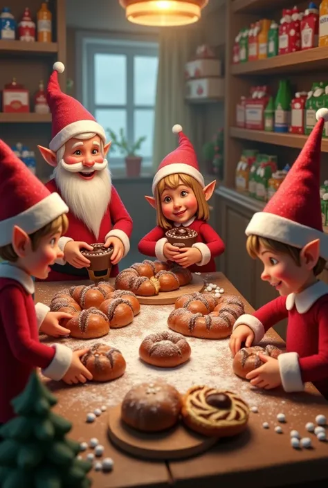 Santa Clous factory with ren and adults with sweet bread ChocoLates