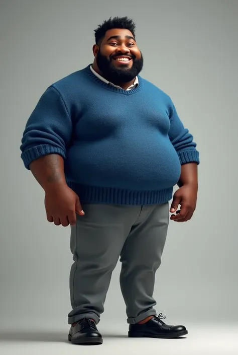  Thick-built teacher , dark skin,  smiling with his gray pants ,  shirt and over the blue yarn sweater shirt, black shoes, straight black hair down a short side . 