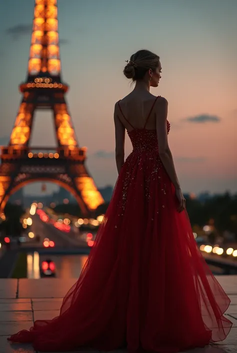  move the Eiffel Tower to the left to be seen better ,  gave the lens so that the woman can be seen from the waist down , Add a stunning evening dress to the woman 