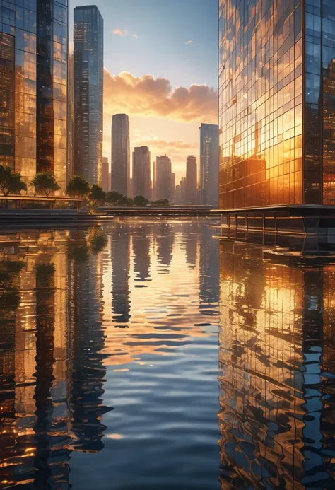 a city reflected in water, cityscape, urban landscape, reflections in water, mirrored architecture, skyscrapers, high-rise buildings, glass and steel structures, waterfront, rippling water, sunset colors, golden hour, dramatic lighting, cinematic atmospher...