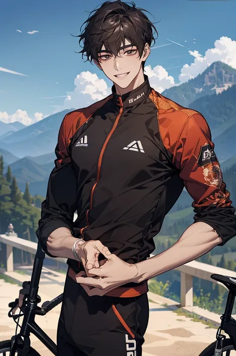 The foreground features Yang Jinrong, a handsome young man with a confident smile, looking directly at the camera. He is wearing casual clothes and is holding a high-end mountain bike