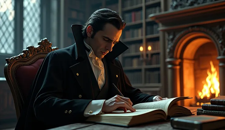 Count Dracula with elegant ,  studying a large old book ,  in a large dark gothic library .  There is a bonfire in the room and moonlight comes through the window.  Give a good view to the library and books  