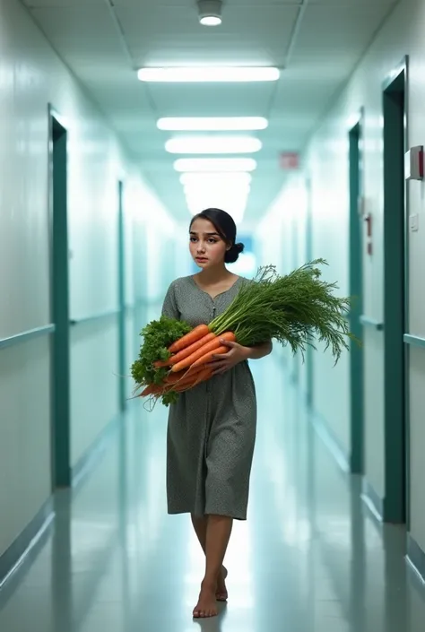 A young Indonesian woman walks down the stark, fluorescent-lit corridor of a hospital, her steps steady and purposeful. In her arms, she carries a bundle of fresh vegetables, carrots sticking out visibly from the pile, an unusual sight in the sterile, clin...