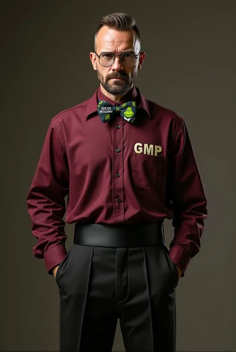  Heisenberg mid-length trousers with contemporary hairstyle,  dressed in a formal wine-colored shirt with GMP lettering printed,  bow tie printed with ANCALMO , Grinch , matte black waistband .
