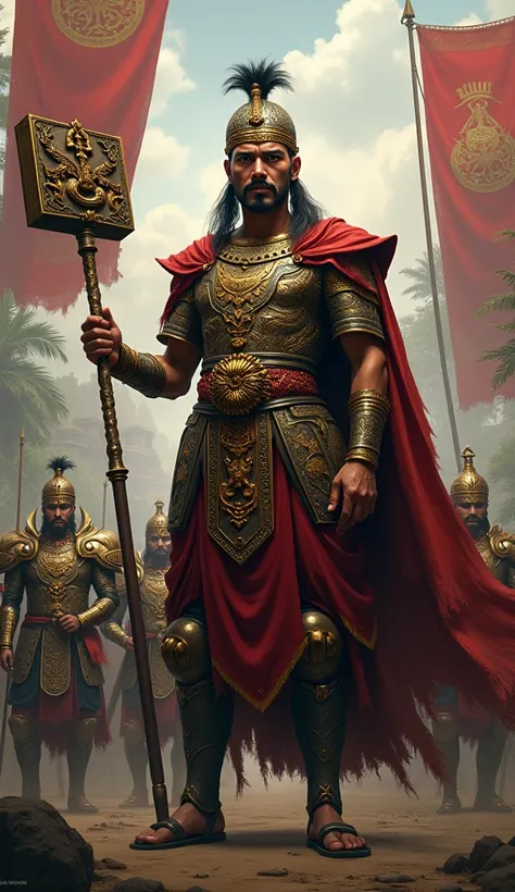 An epic depiction of Gajah Mada, the legendary Mahapatih of the Majapahit Empire in 14th-century Nusantara. He stands tall and commanding, dressed in traditional Javanese warrior attire adorned with intricate gold ornaments. His face exudes charisma and de...