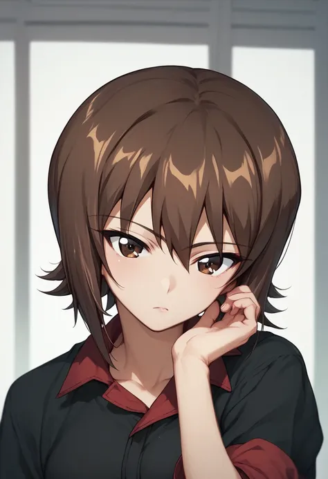 
nishizumi maho, 1girl, brown hair, short hair, brown eyes