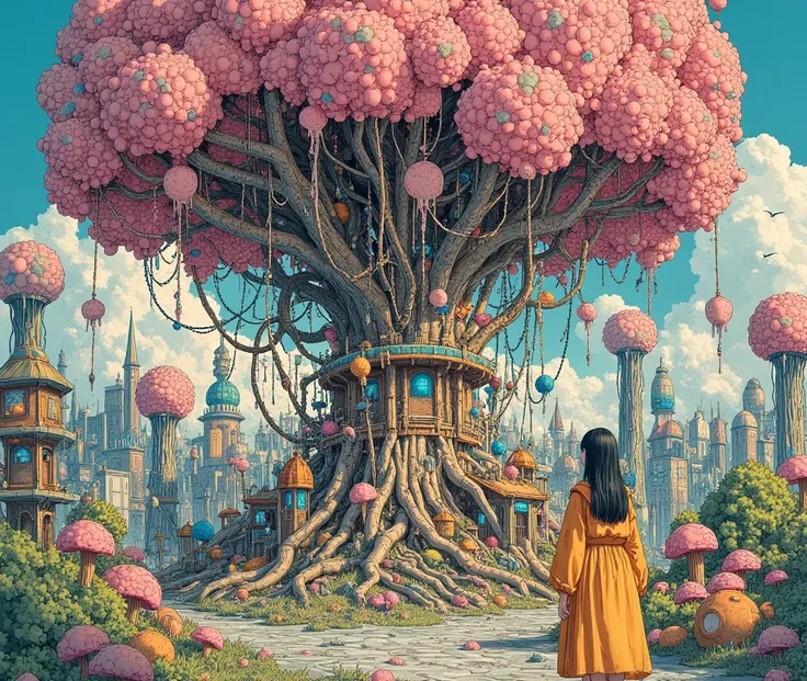  there is a woman wearing a robe standing in front of a tree made of balloons and candy, Magic Tree,  fantasy tree , Magic Tree, of an evil tree wizard, inspired  by Esau Andrews ,  candy forest , weird Alien Tree,  inspired by ESAO , !!! try Andrews!!!, A...