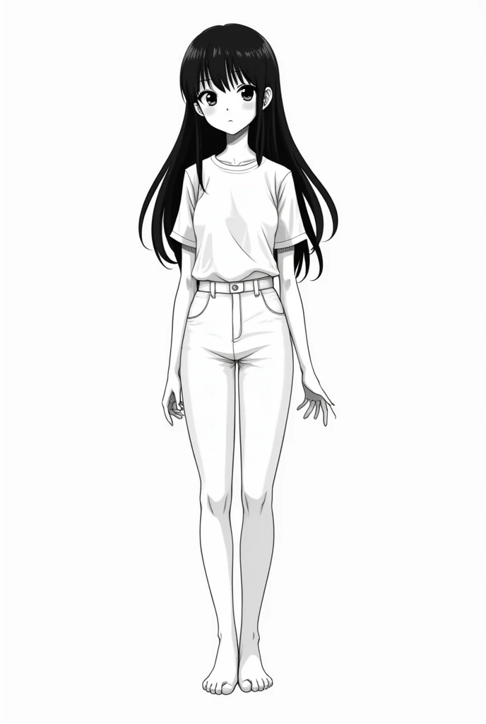  a cartoon of a girl in white pants and white shirt,  full body illustration ,  line art illustration , anime  full body illustration , full body character drawing,  standing, black and white manga style, Full Body Drawing, detailed manga style, traditiona...