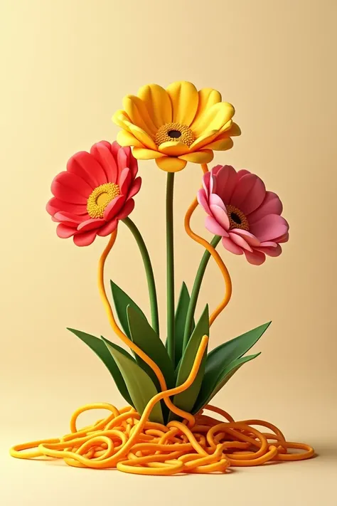 Some flowers decorated with noodles