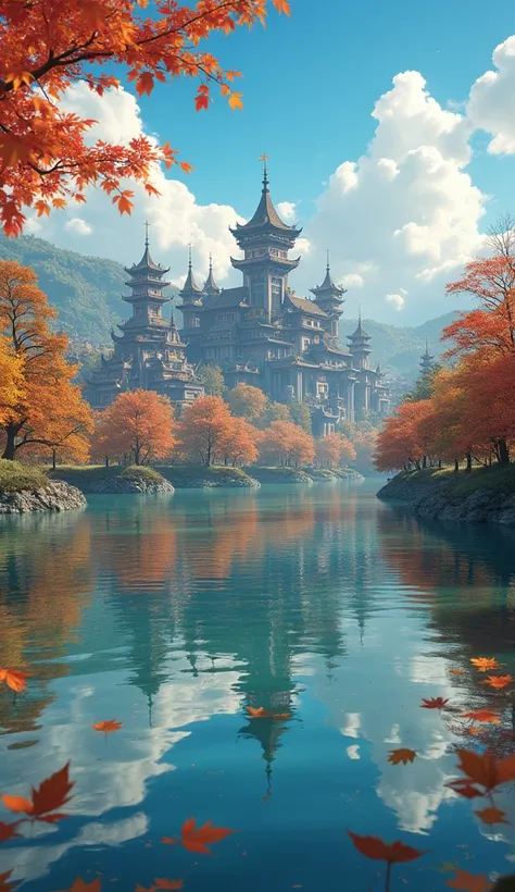 A fantasy city reflected on water, autumn leaves, anime style, detailed architectural buildings, intricate details, beautiful lighting, vibrant colors, dramatic cinematic composition, highly detailed, 4k, photorealistic, masterpiece