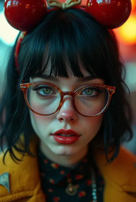 Woman with glasses black hair bangs with a clown 