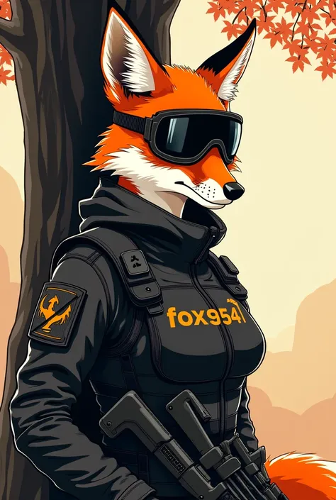 A female fox under the upper trunk stylized in a tactical design, with airsoft equipment such as tactical vest and goggles,  design featuring elegant features and a touch of femininity ,  the name "Fox⁹⁵⁴"  is prominently incorporated , , complementing the...