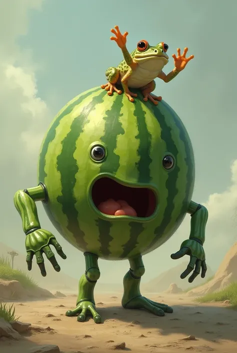  came out of the ground and a watermelon with two hands， lifted like a weight. The frog on it ， The frog was suddenly raised ， the body lost balance and leaned forward ， and the left hand was ready to hold the ground ,The right hand waved in a panic 