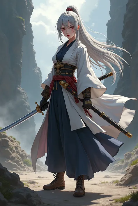 Anime adult female, silver hair, katana, brown boots