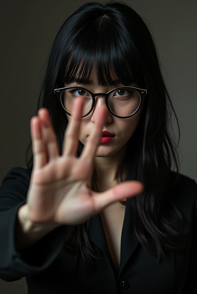 Woman wearing glasses black hair bangs her hand with a clown 