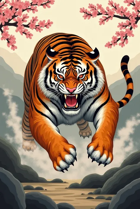 Drawing of a tiger atack pose
 in traditional Japanese painting style