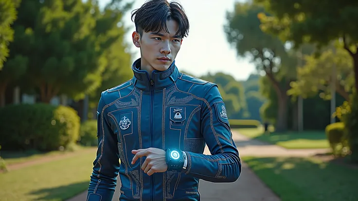 "Arion ,  a young man in a futuristic uniform , walks along a path ,  his body shines faintly from the Chrono Device on his wrist .  His face shows mixed emotions between determination and doubt as he strides forward .  The garden in the background looks p...