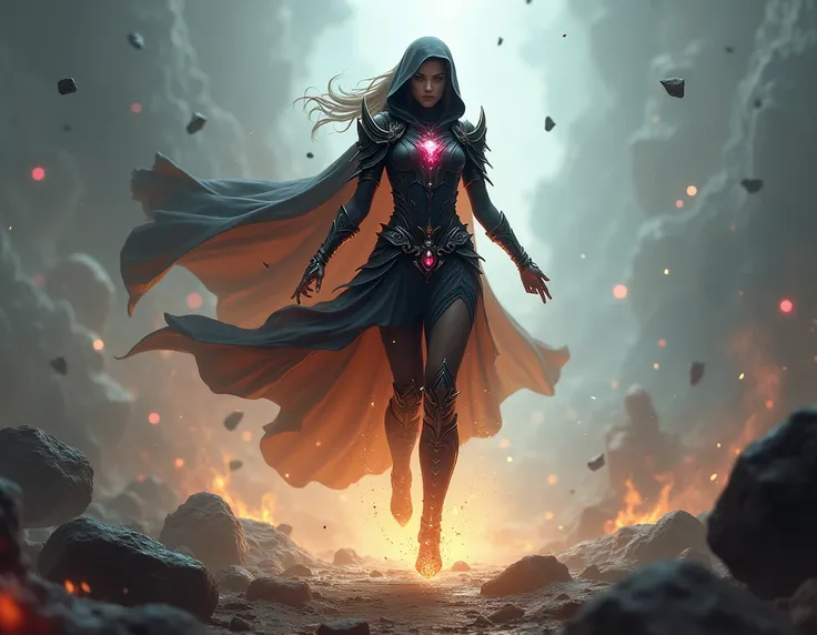  a warrior in black armor and a hoodie levitating high .  she has the power to control the elements air and earth ,  so a storm of stones rises around her. She carries a ruby around her armor ring 