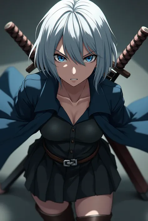 Anime adult female, short silver hair, katana, brown boots, evil