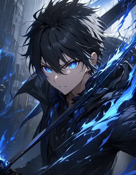 (masterpiece,  best quality :1.2,超 high definition 度, high definition ,Detailed depiction)、One young man、Black Hair、 holding a jet black sword with blue flames、Hold the weapon in front、 dynamic movement 、 dynamic lighting 、Blue flames fluttering around 