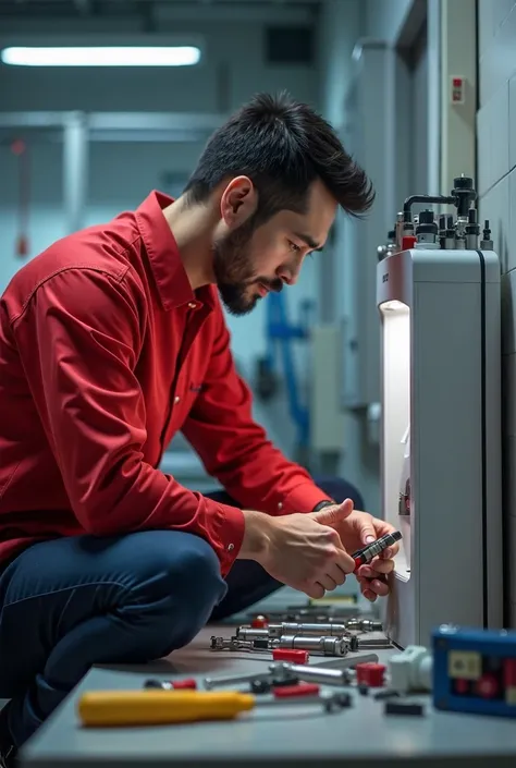 technician in red shirt fixing water purifier