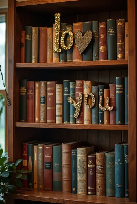 write “I love you” from books on a bookshelf