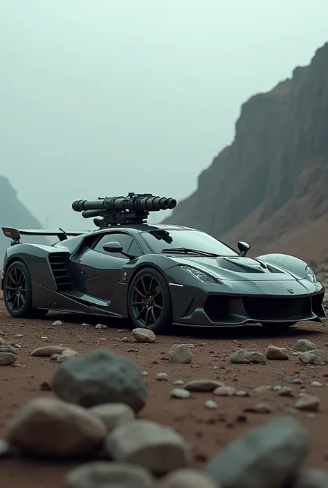 A fast car with ,  armored weapons and a rocket in the back 