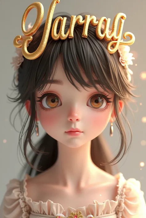 Create a realistic 3D image of a beautiful manga girl with her name in FER in gold letters 