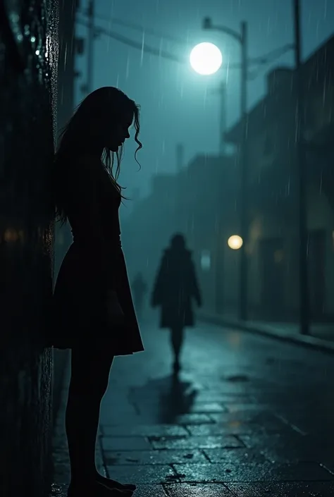 Silhouette of a sad woman at the end of her romantic relationship , illuminated by the moonlight at night ,  on the streets of the city of Bogotá while it rains